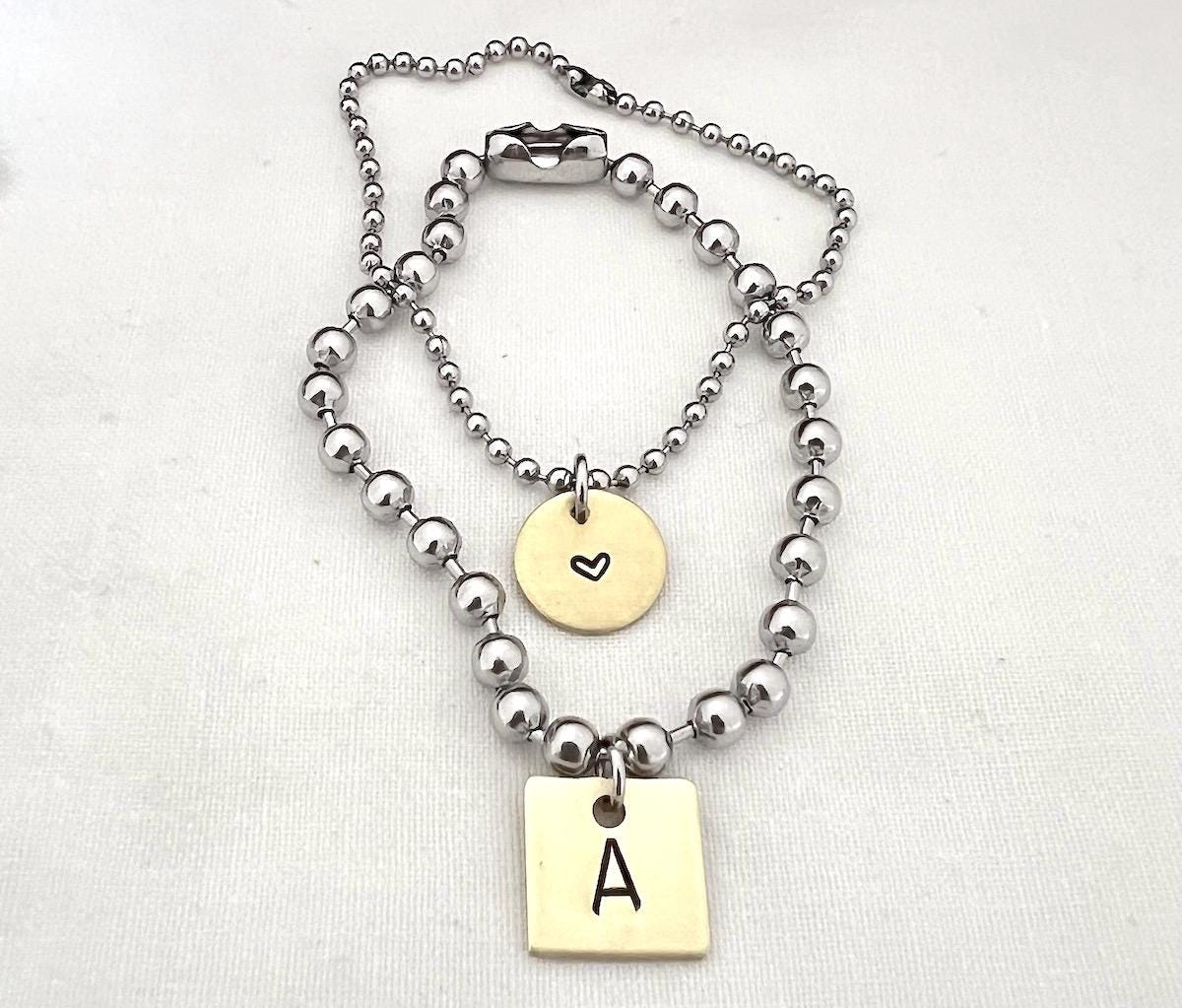 Chunky Stainless Steel Ball Chain Bracelet Set With A Hand Stamped Initial Brass Tag And Heart Tag | Mom gift | Personalized Gift For Her
