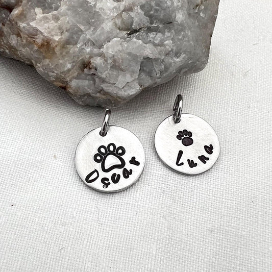 Small Pet ID Tag with Name and Paw Print | Personalized Dog and Cat Collar Tag | Custom Engraved Pet Name Tag | Cute Paw Print Charm