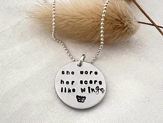 She Wore Her Scars Like Wings Necklace | Sterling Silver Pendant | Mental Health Awareness | Inspirational Recovery Support Cancer Gift