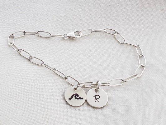 Initial Charm Bracelet | Beach Wave Bracelet | Beach Lover Jewelry | Personalized Jewelry | Sterling Silver Bracelet | Gift For Her