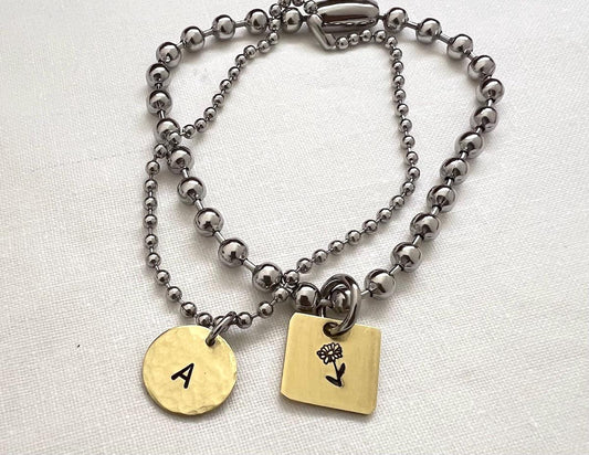 Chunky Ball Chain Bracelet Set with Personalized Hand Stamped Brass Initial Charm and Heart Charm | Layering Bracelet | Personalized Jewelry