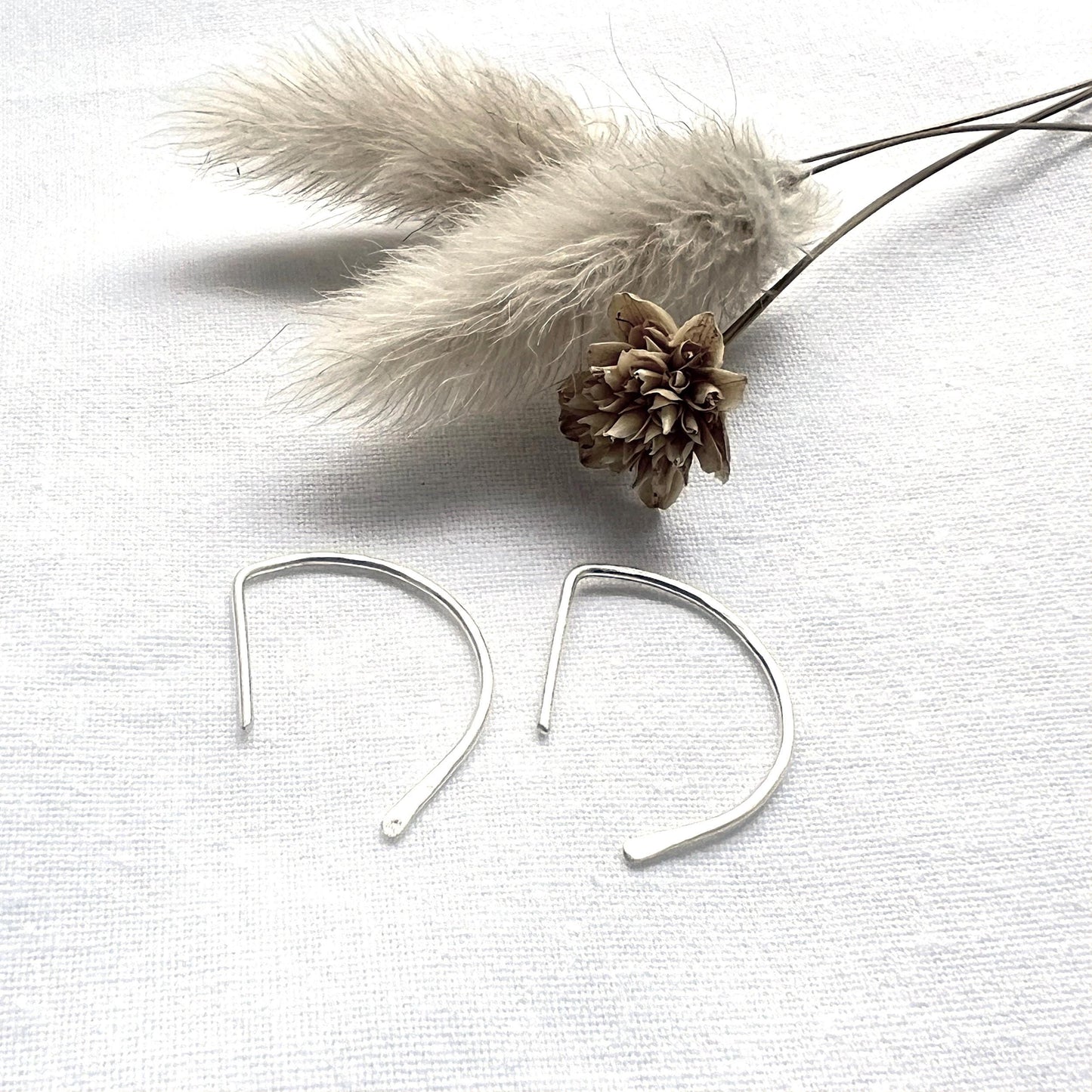 Hammered Sterling Silver D Huggie Earrings | Minimalist Half Hoop