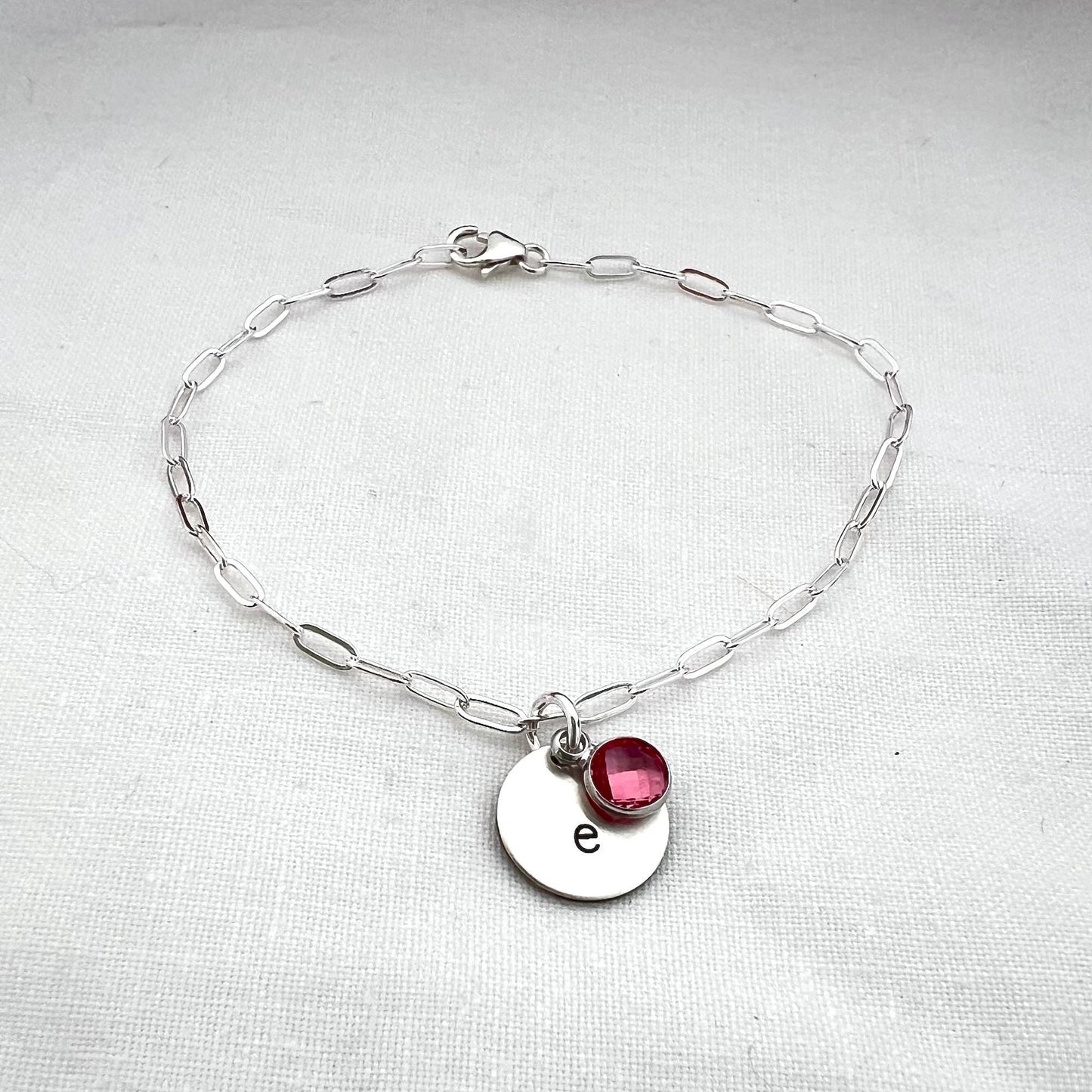 Sterling Silver Initial Birthstone Bracelet | Personalized Charm Bracelet | Paperclip Bracelet | Custom Gift for Her