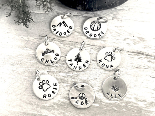 Personalized Name Charm With Center Design | Tiny Add On Charm | Hand Stamped Personalized Charm | Custom Name | Handmade Personalized Gift