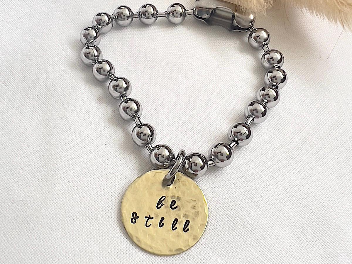 Chunky Ball Chain Bracelet | Brass Disc 'Be Still' Charm | Inspirational Jewelry | Gift for Her | Christian Quote Bracelet | Mindful Jewelry