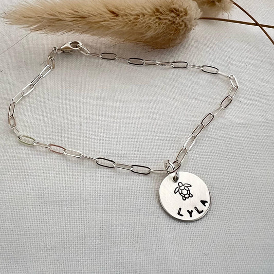 Personalized Sterling Silver Sea Turtle Bracelet | Hand Stamped Name Jewelry