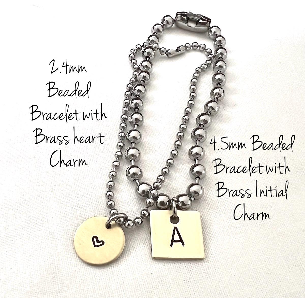 Chunky Stainless Steel Ball Chain Bracelet Set With A Hand Stamped Initial Brass Tag And Heart Tag |  Mom gift | Personalized Gift For Her