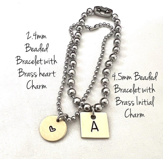 Chunky Stainless Steel Ball Chain Bracelet Set With A Hand Stamped Initial Brass Tag And Heart Tag |  Mom gift | Personalized Gift For Her