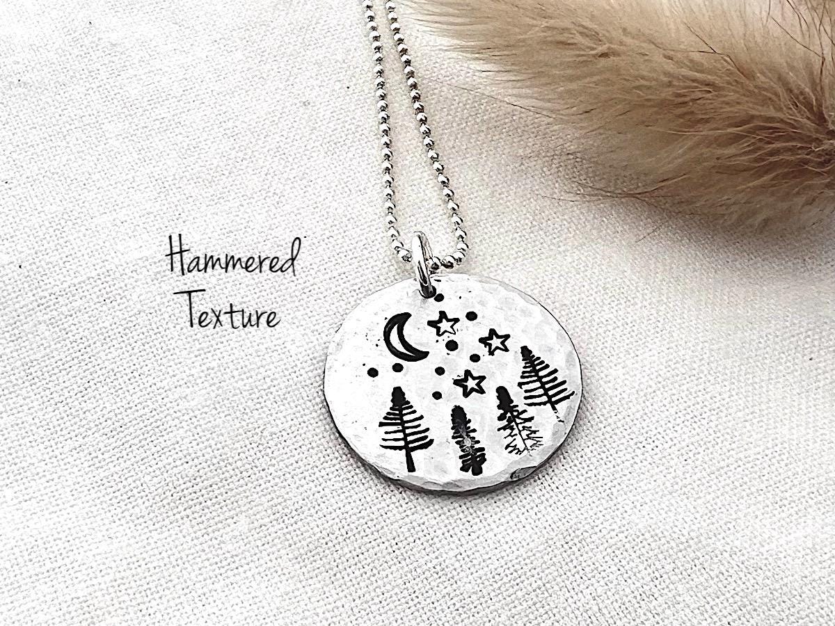 Night Sky Forest Nature Necklace | Outdoorsy Adventure Camping Jewelry | Hand-Stamped Sterling Silver Pendant Jewelry
