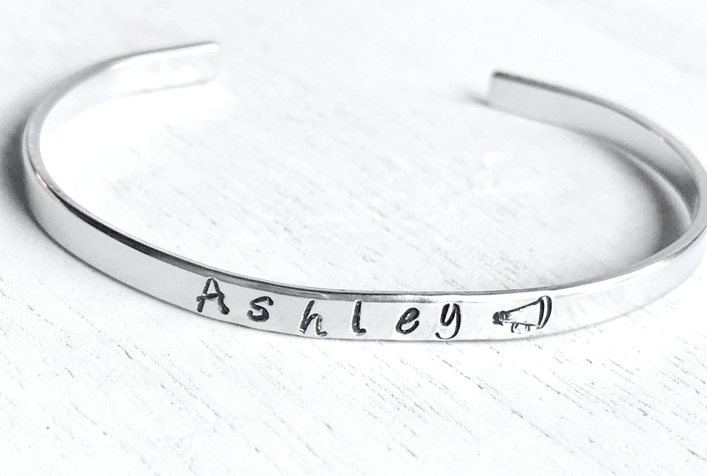 Cheerleader Bracelet | Personalized Gift | Hand Stamped Bracelet | Name Bracelet | Skinny Cuff Bracelet | Cheer Gifts | Megaphone Jewelry