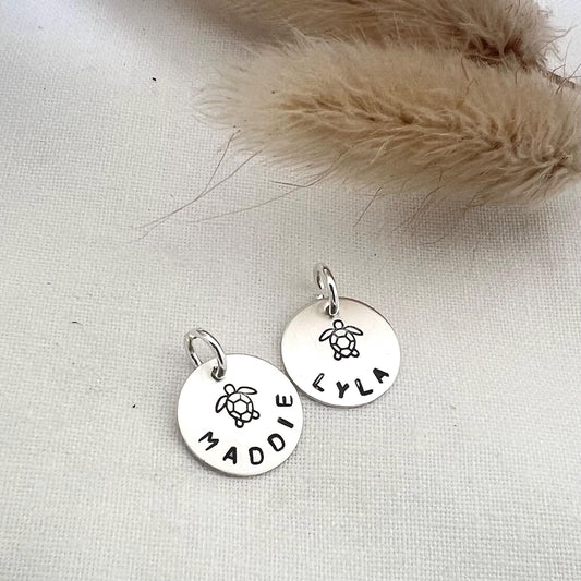 Personalized Sterling Silver Sea Turtle Charm | Hand Stamped Name Jewelry