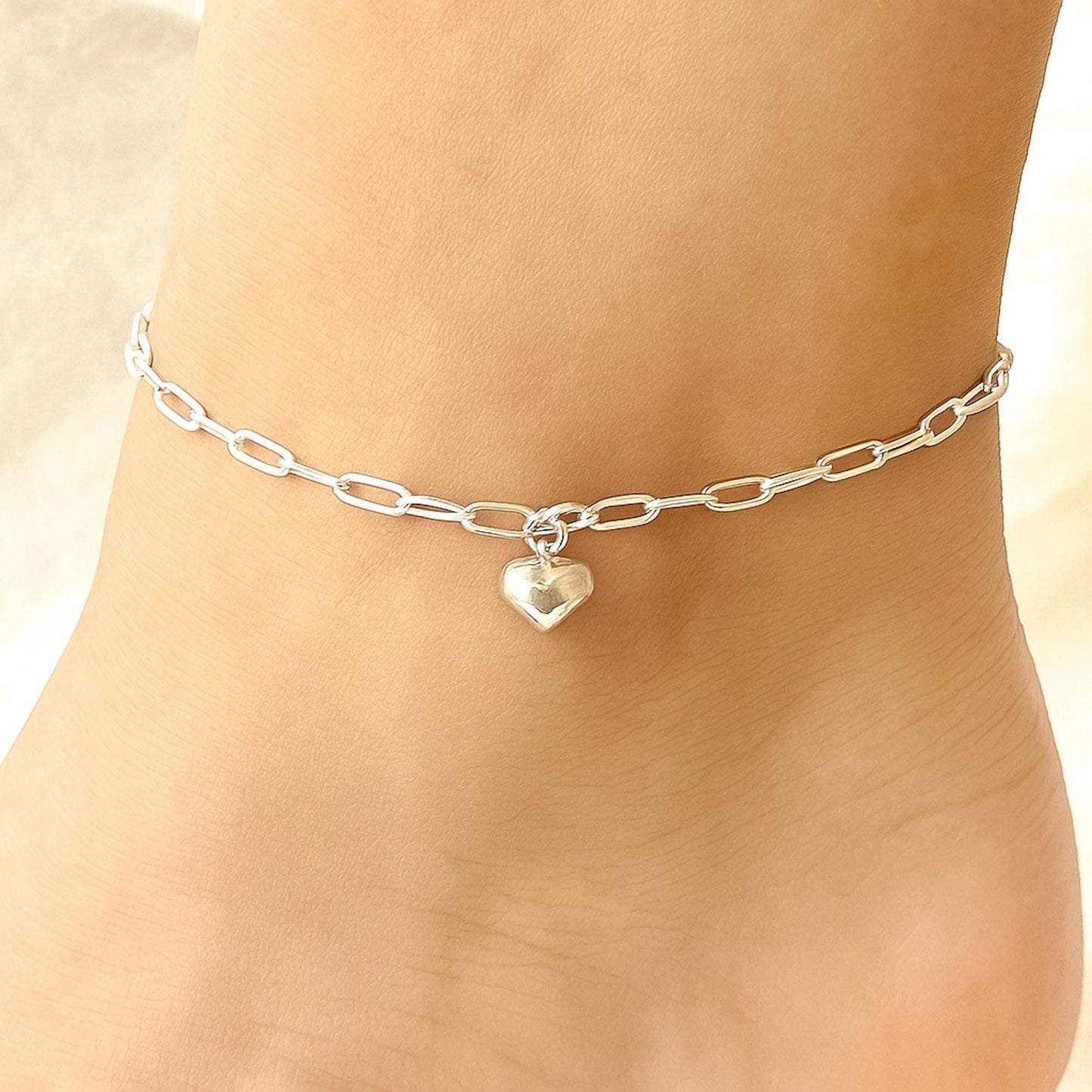 Ankle Bracelet with Heart Charm | Sterling Silver Anklet | Minimalist Jewelry | Gift for Her