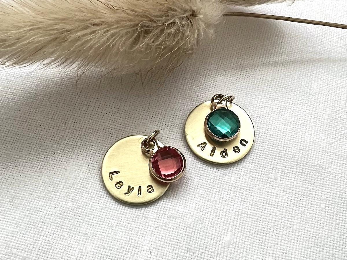 Personalized Gold Disc Charm with Name & Birthstone | Custom Name Charm | Dainty Gold Name Pendant | Gift for Her |  Charm For Necklace
