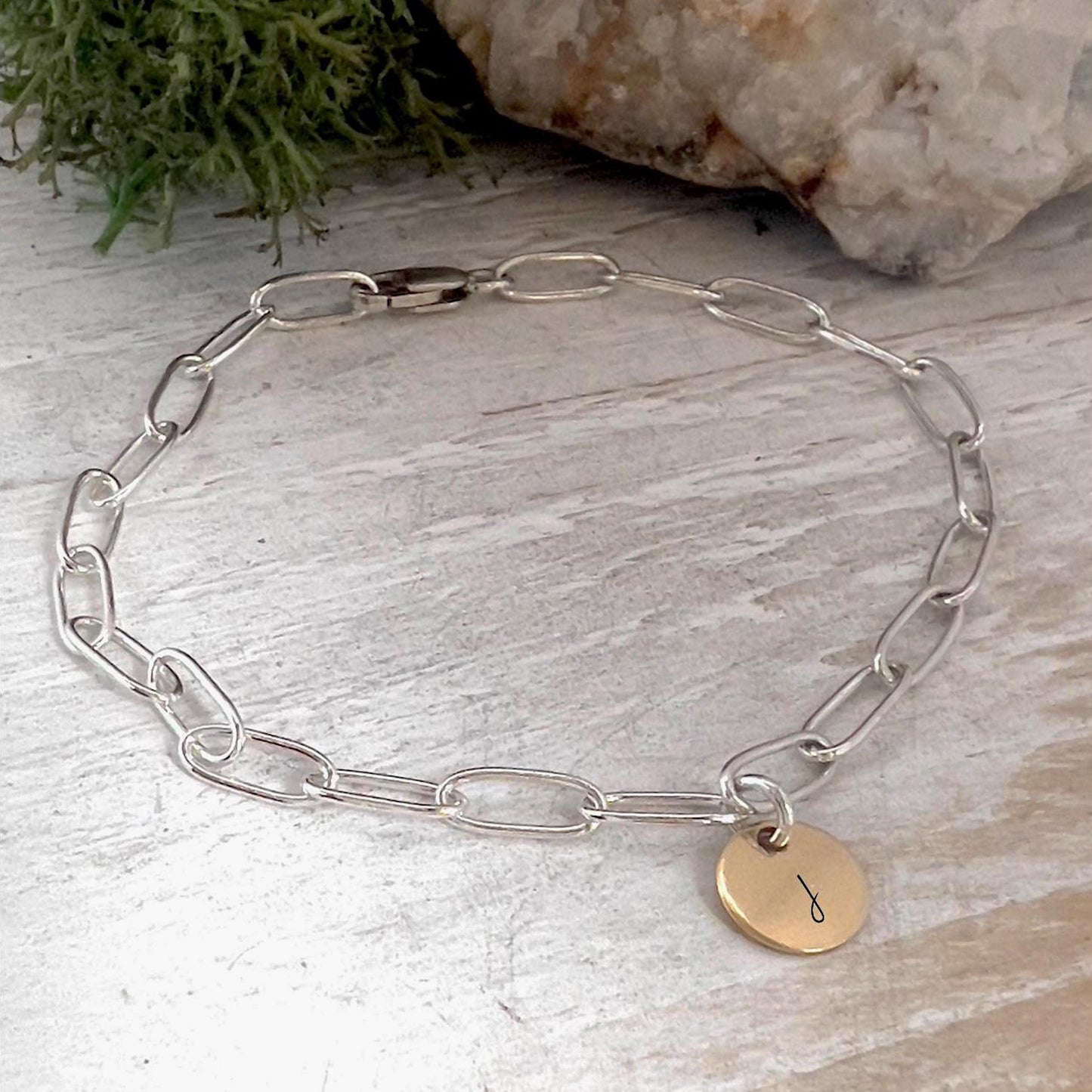 Sterling Silver Paperclip Bracelet with Gold Initial Charm | Personalized Minimalist Jewelry | Gift for Her