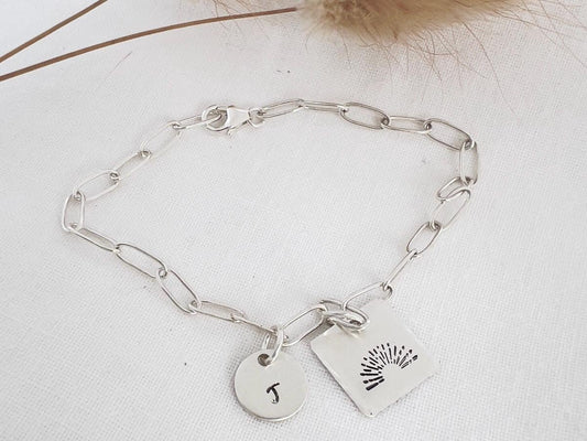 Charm Bracelet With Initial | Sunshine Charm Bracelet | Paperclip Bracelet |  Personalized Jewelry, Sterling Silver Bracelet |  Gift For Her