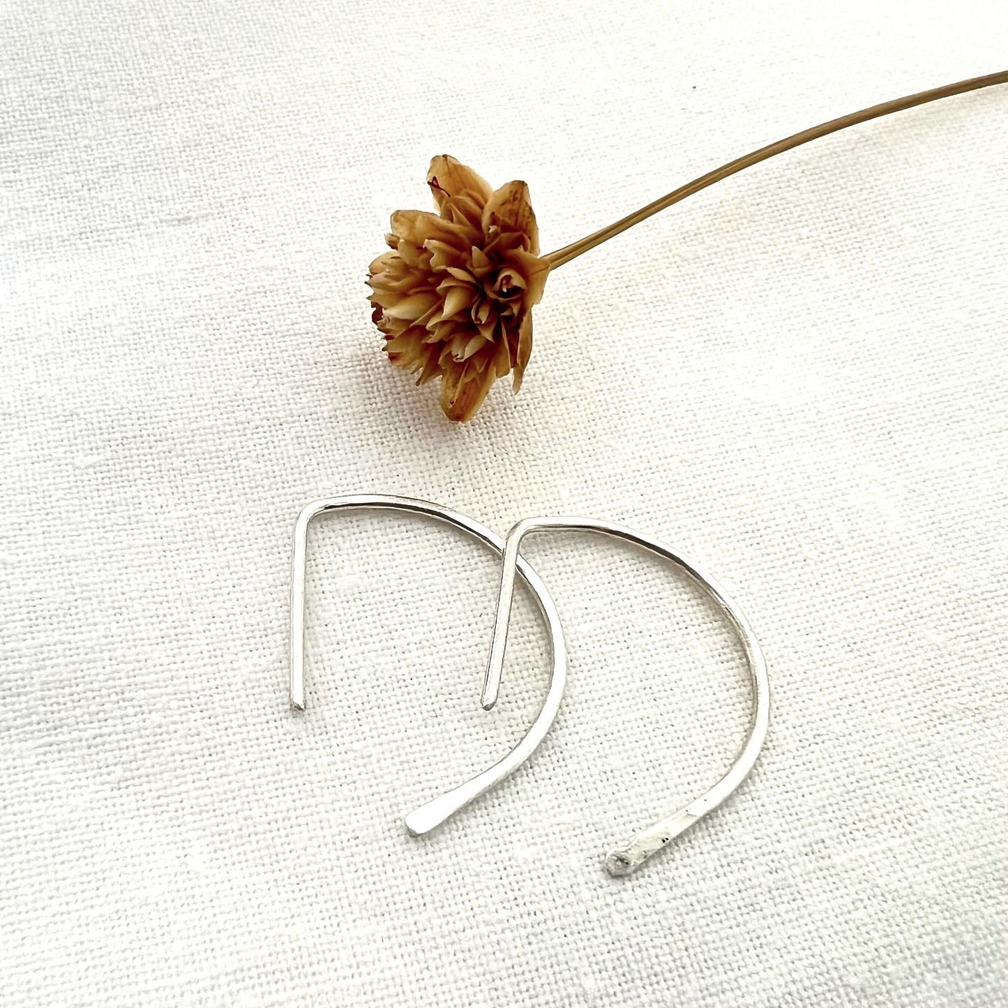 Hammered Sterling Silver D Huggie Earrings | Minimalist Half Hoop