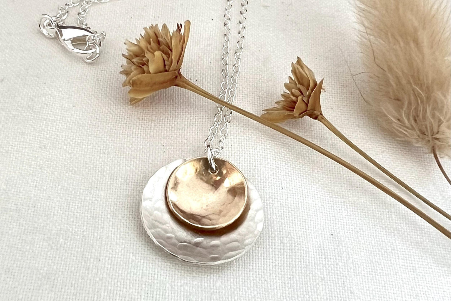 Hammered Sterling Silver & Gold Circle Pendant Necklace | Mixed Metal Jewelry