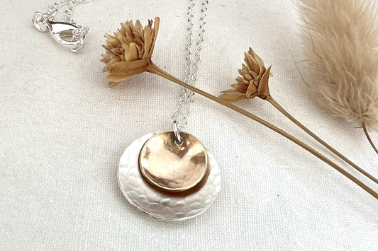 Hammered Sterling Silver & Gold Circle Pendant Necklace | Mixed Metal Jewelry