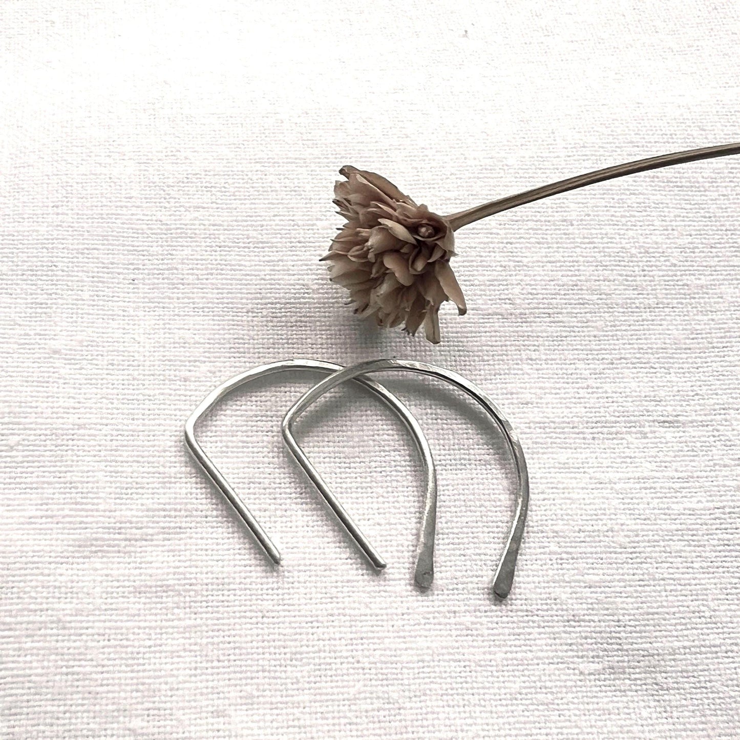 Hammered Sterling Silver D Huggie Earrings | Minimalist Half Hoop