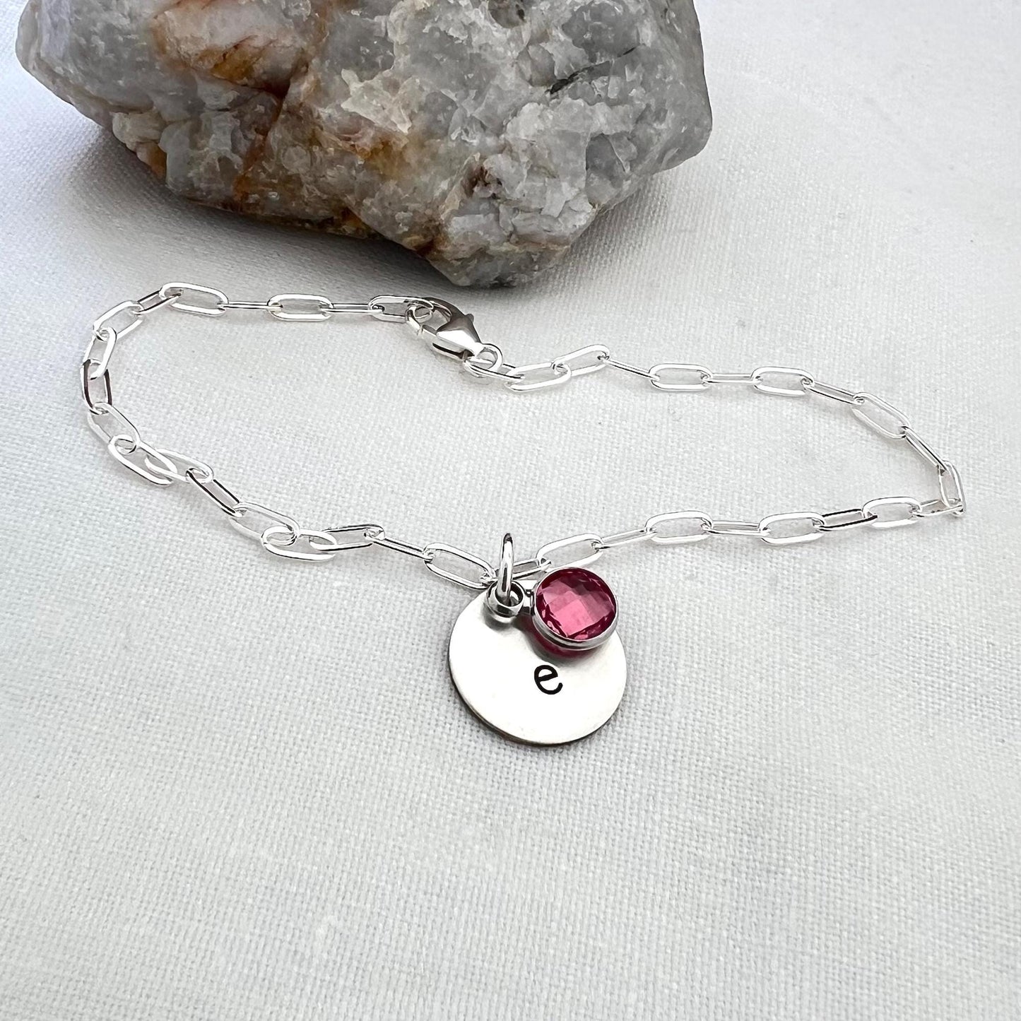 Sterling Silver Initial Birthstone Bracelet | Personalized Charm Bracelet | Paperclip Bracelet | Custom Gift for Her