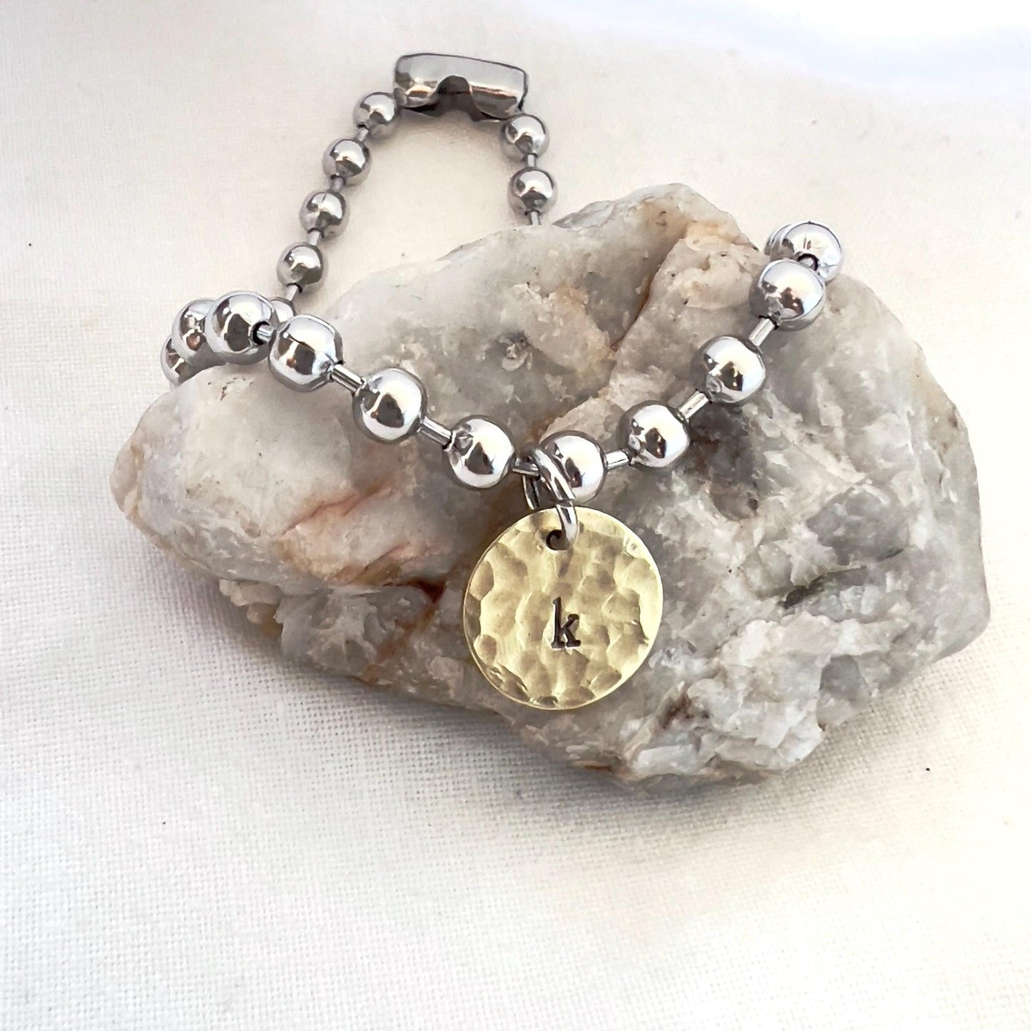 Hand Stamped Initial Bracelet: Stainless Steel Ball Chain, Hammered Brass Charm
