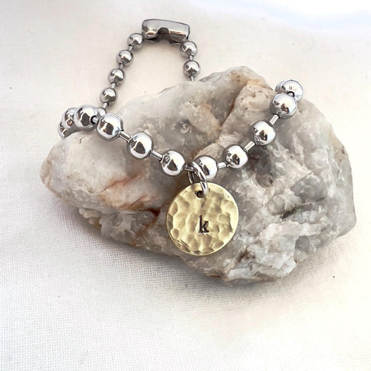 Hand Stamped Initial Bracelet: Stainless Steel Ball Chain, Hammered Brass Charm