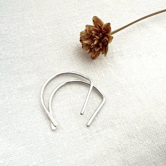 Hammered Sterling Silver D Huggie Earrings | Minimalist Half Hoop