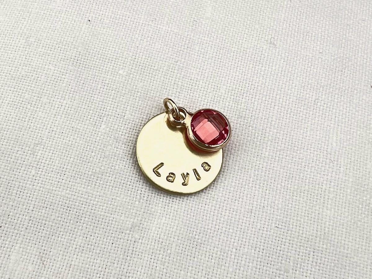 Personalized Gold Disc Charm with Name & Birthstone | Custom Name Charm | Dainty Gold Name Pendant | Gift for Her |  Charm For Necklace