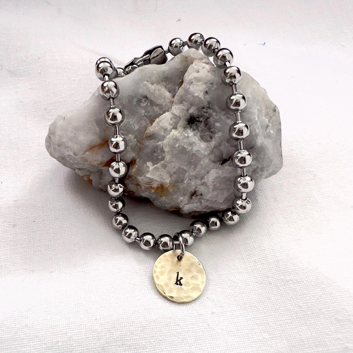 Hand Stamped Initial Bracelet: Stainless Steel Ball Chain, Hammered Brass Charm