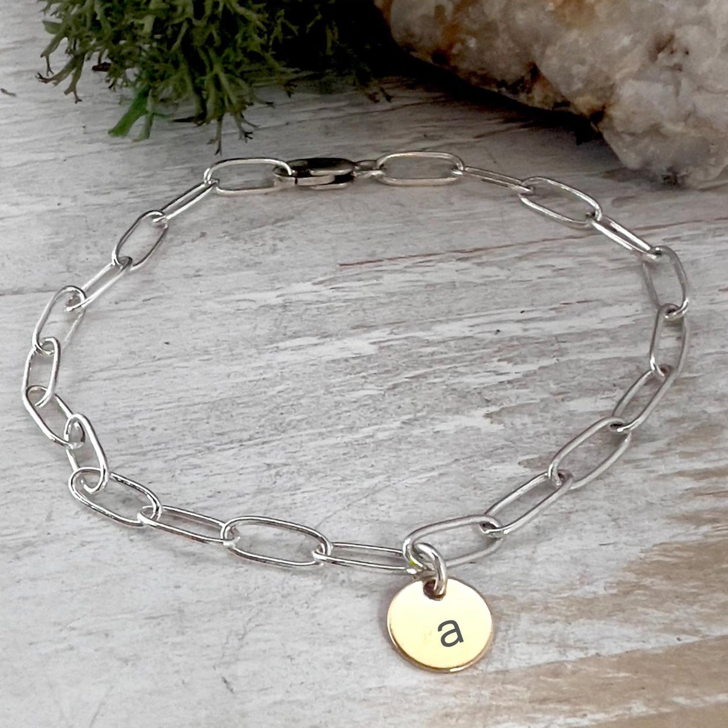 Sterling Silver Paperclip Bracelet with Gold Initial Charm | Personalized Minimalist Jewelry | Gift for Her
