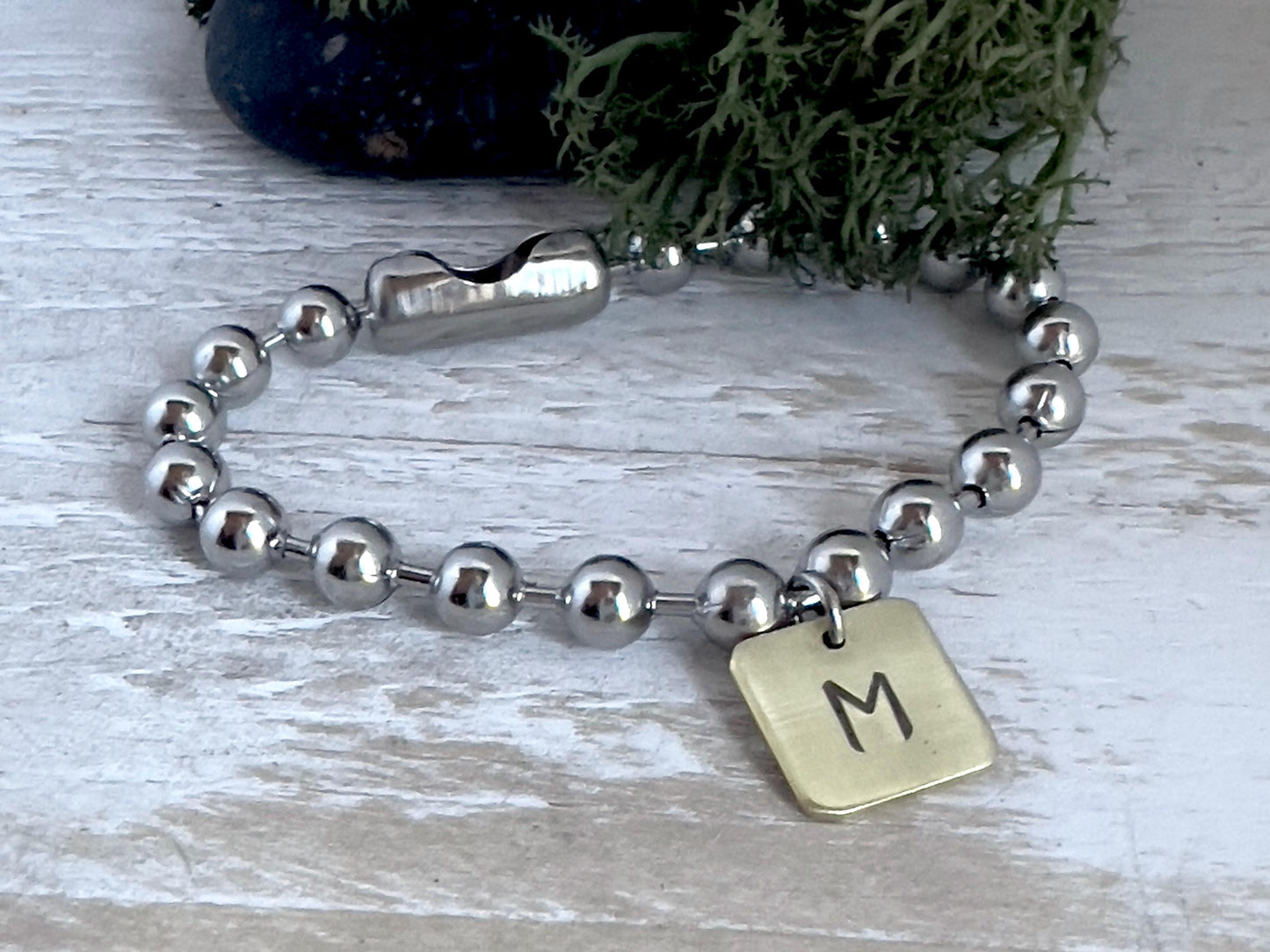 Beaded Ball Chain Initial Charm Bracelet | Chunky Charm Bracelet | Hand Stamped | Personalized Jewelry | Gift For Her