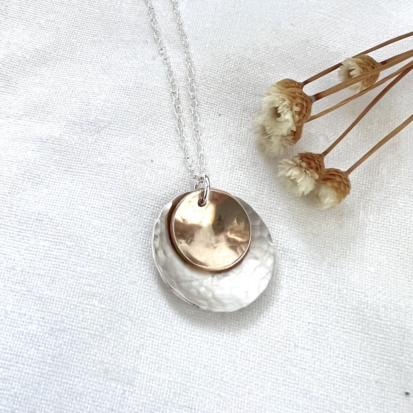 Hammered Sterling Silver & Gold Circle Pendant Necklace | Mixed Metal Jewelry