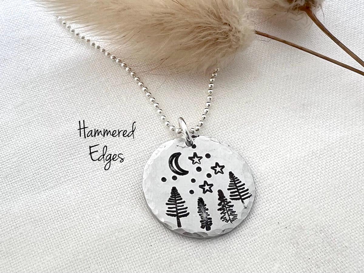 Night Sky Forest Nature Necklace | Outdoorsy Adventure Camping Jewelry | Hand-Stamped Sterling Silver Pendant Jewelry