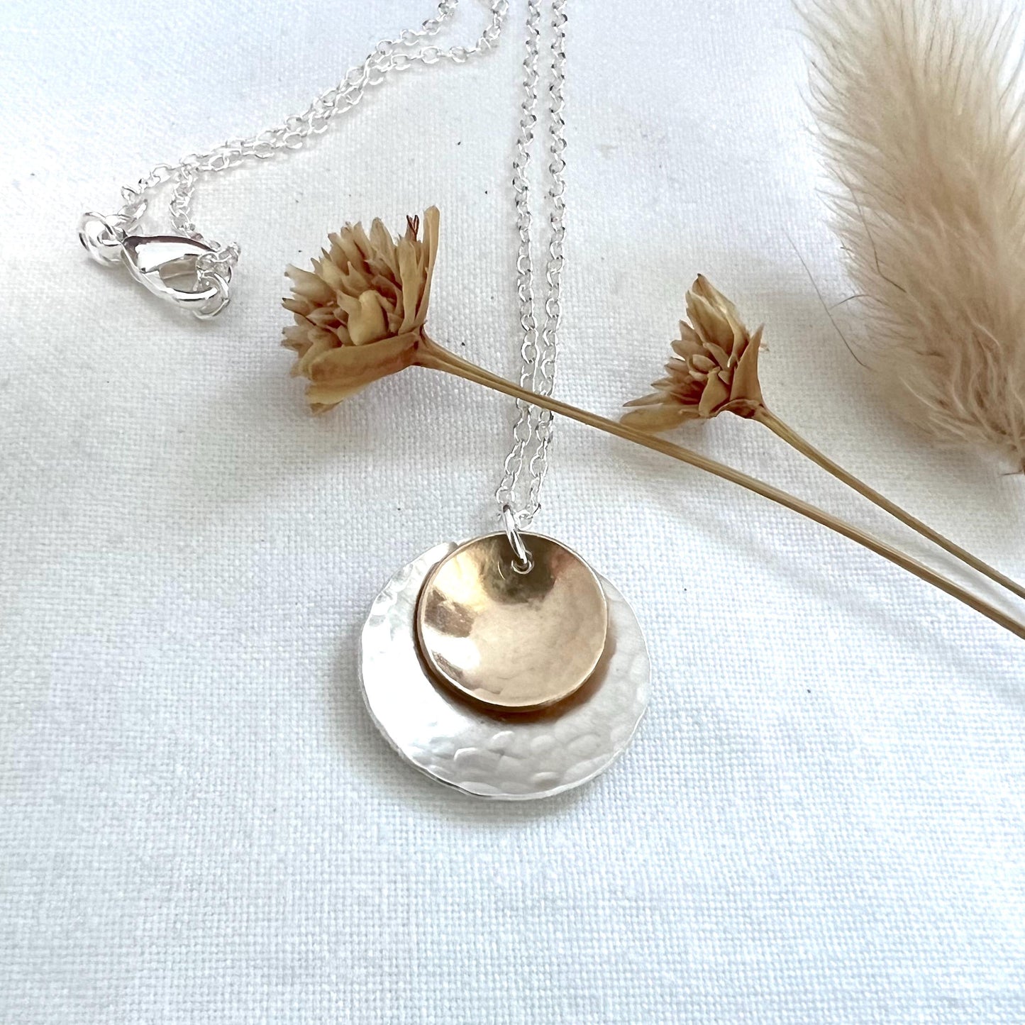 Hammered Sterling Silver & Gold Circle Pendant Necklace | Mixed Metal Jewelry