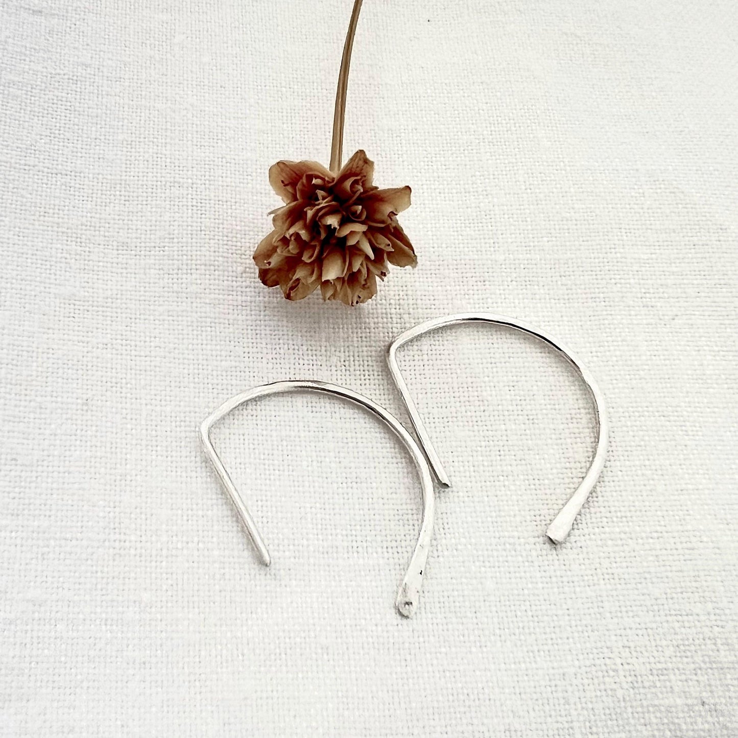 Hammered Sterling Silver D Huggie Earrings | Minimalist Half Hoop