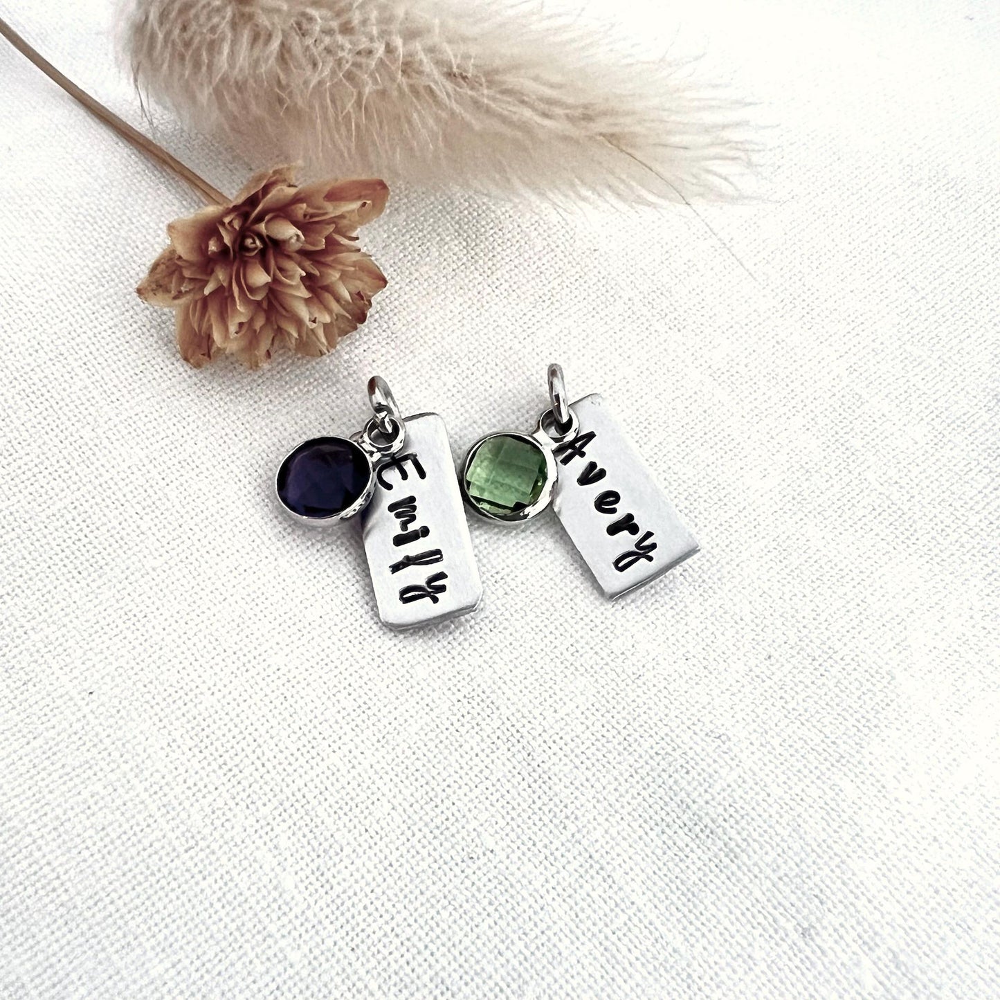 Custom Birthstone Name Charm | Tiny Silver Tag Pendant |  Personalized Necklace Charm | Sterling Silver Jewelry Gift