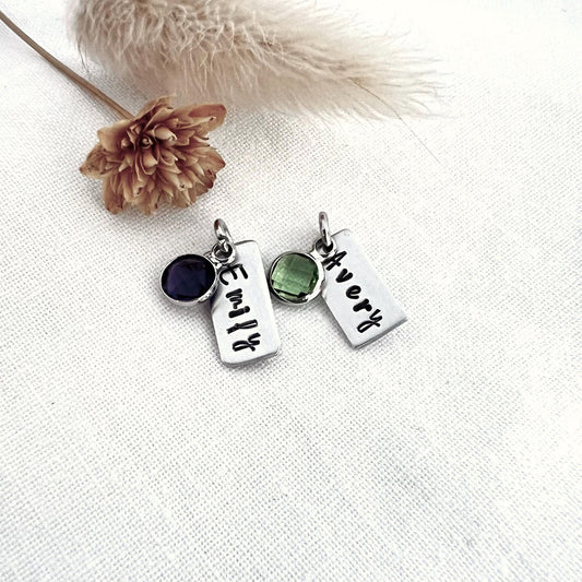 Custom Birthstone Name Charm | Tiny Silver Tag Pendant |  Personalized Necklace Charm | Sterling Silver Jewelry Gift