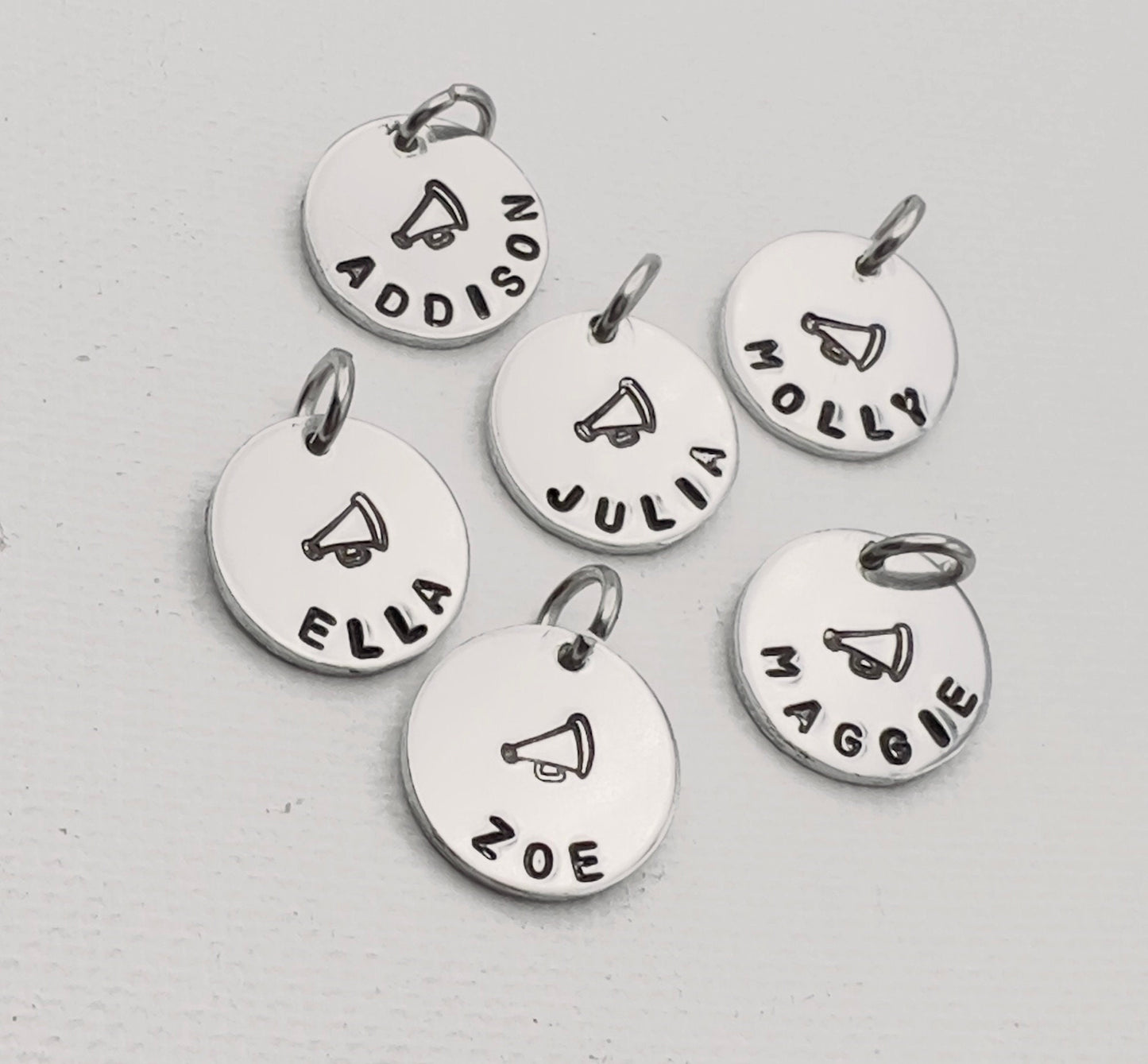 Cheerleader Charms | Cheer Team Gift |Personalized Gift | Hand Stamped Jewelry |Custom Name Charm | Cheer Team Gifts | Megaphone Charm