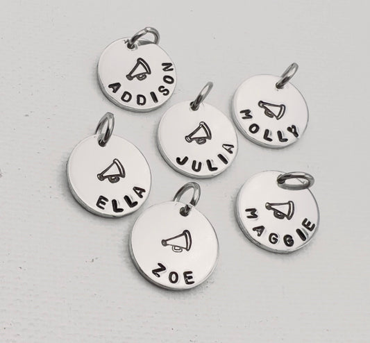 Cheerleader Charms | Cheer Team Gift |Personalized Gift | Hand Stamped Jewelry |Custom Name Charm | Cheer Team Gifts | Megaphone Charm