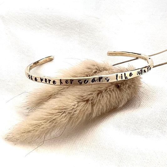 She Wore Her Scars Like Wings | Inspirational Jewelry | Custom Quote Bracelet | Gift for Her | Empowerment Bracelet | Hand Stamped Cuff