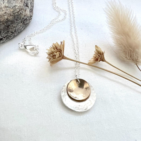 Hammered Sterling Silver & Gold Circle Pendant Necklace | Mixed Metal Jewelry