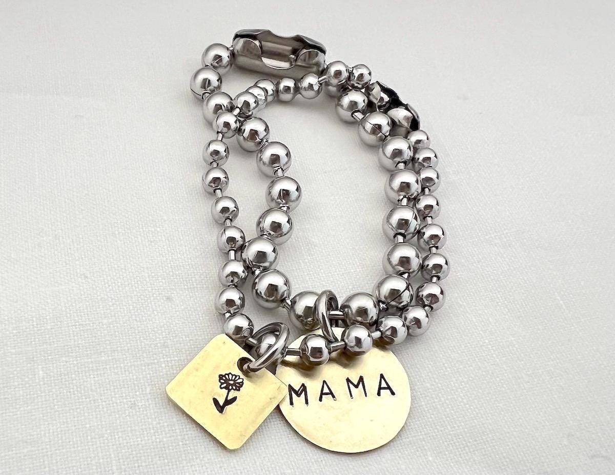 Chunky Stainless Steel Ball Chain Bracelet Set with Name & Birth Flower Brass Charms | Personalized Gift for Her | Personalized Jewelry