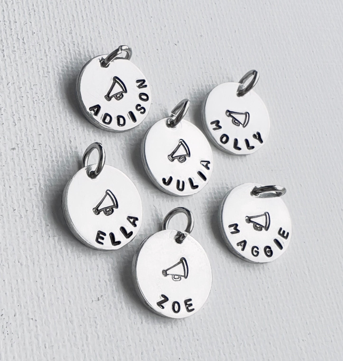 Cheerleader Charms | Cheer Team Gift |Personalized Gift | Hand Stamped Jewelry |Custom Name Charm | Cheer Team Gifts | Megaphone Charm