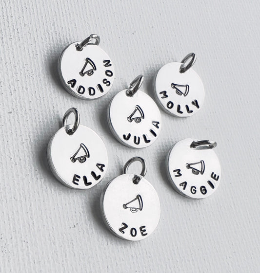 Cheerleader Charms | Cheer Team Gift |Personalized Gift | Hand Stamped Jewelry |Custom Name Charm | Cheer Team Gifts | Megaphone Charm