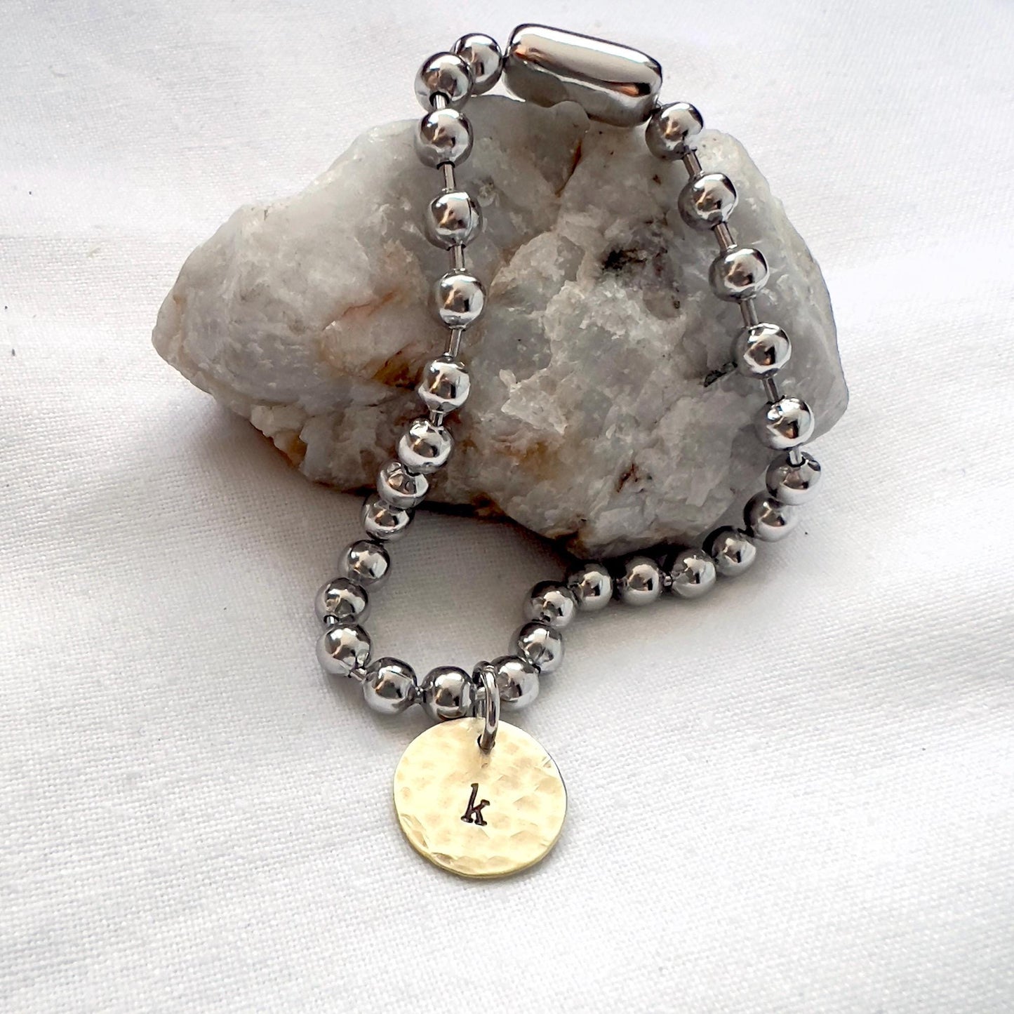 Hand Stamped Initial Bracelet: Stainless Steel Ball Chain, Hammered Brass Charm