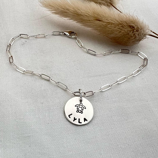 Personalized Sterling Silver Sea Turtle Bracelet | Hand Stamped Name Jewelry