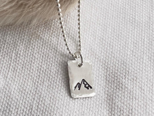 Tiny Mountain Tag Necklace | Mountain Jewelry | Sterling Silver | Gift For Woman | Outdoorsy Gift for Her | Hand Stamped Jewelry