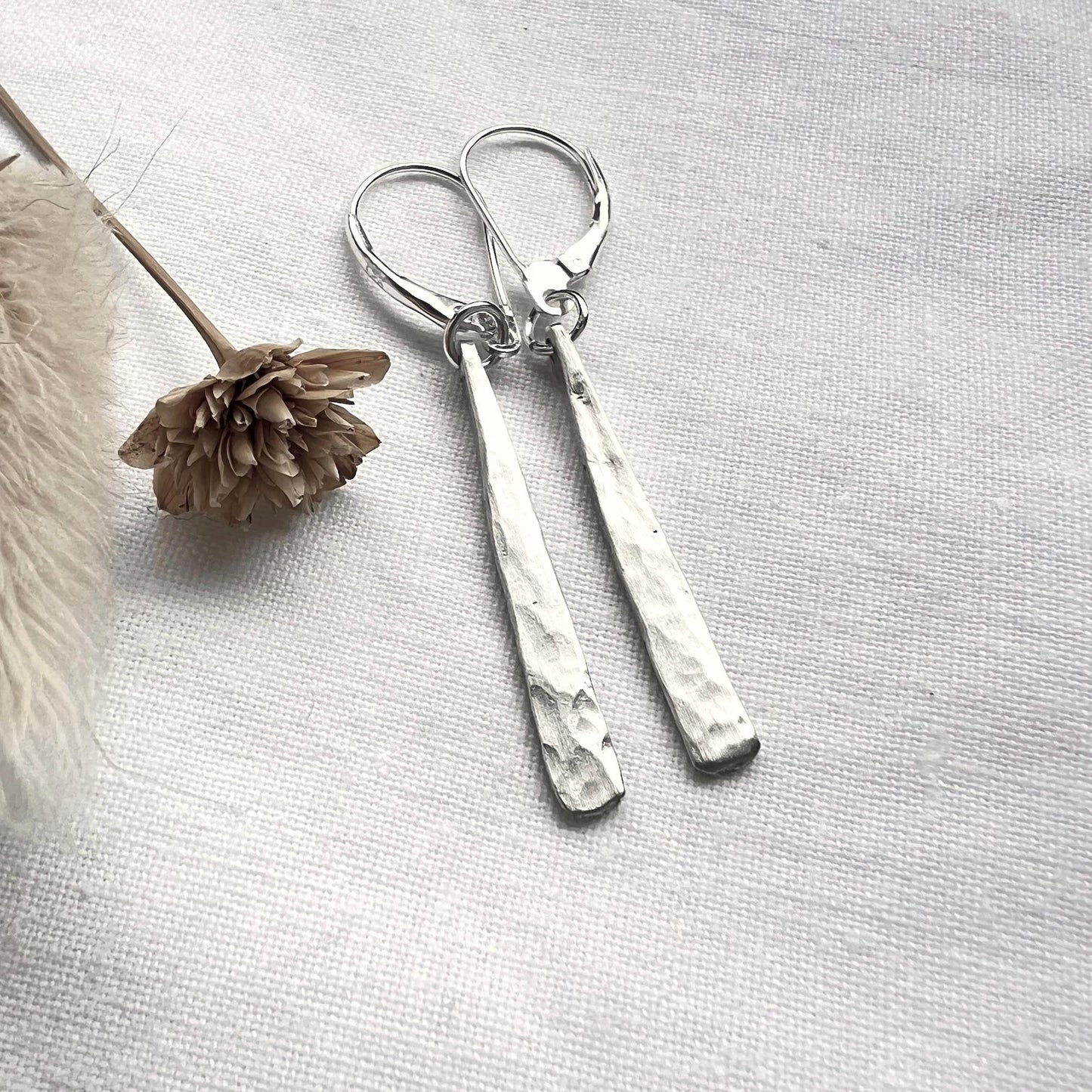 Sterling Silver Dangle Earrings | Hammered Bar Earrings | Everyday Jewelry