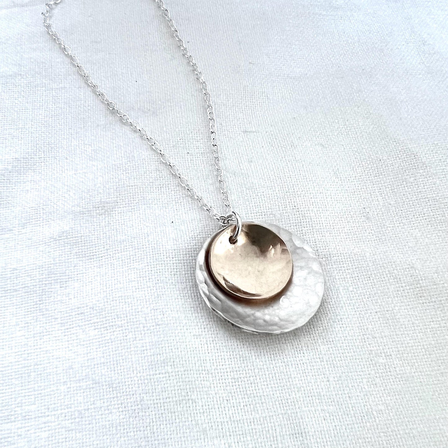 Hammered Sterling Silver & Gold Circle Pendant Necklace | Mixed Metal Jewelry
