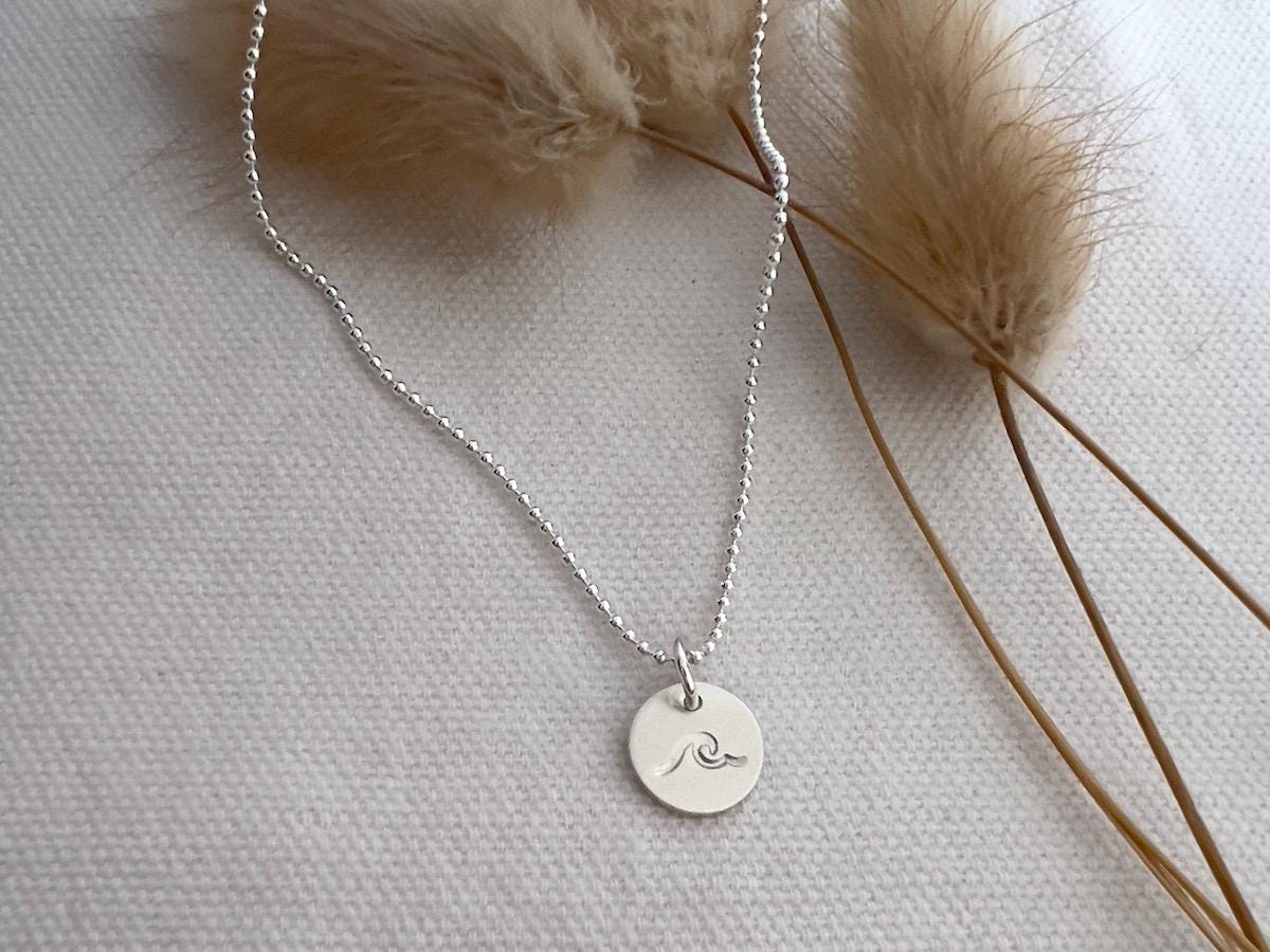 Surf Necklace | Beach Wave Necklace |  Sterling Silver Necklace | Tiny Disc Necklace